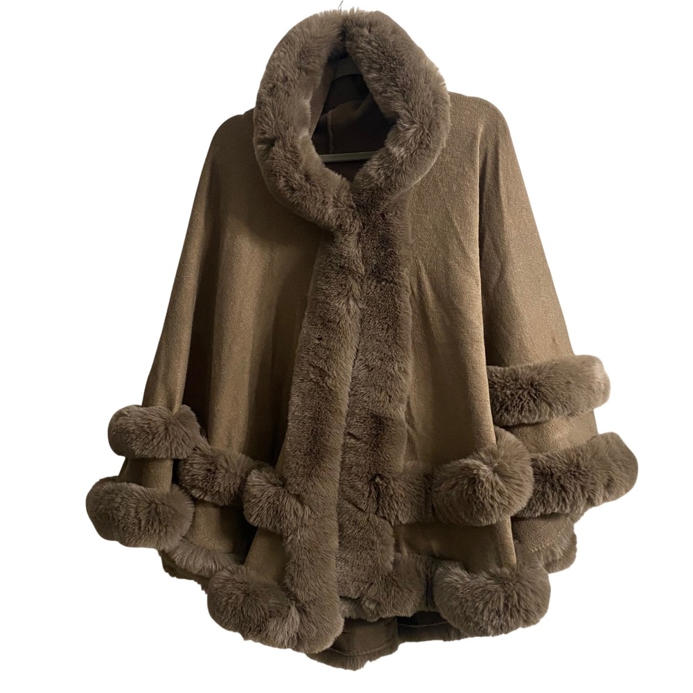 Womens Taupe Brown Faux Fur Trim Hooded Poncho Cape Tiered Knit‎ Wrap One Size